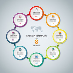 Infographic circle with 8 options. Round chart for business infographics with the set of flat icons and design elements. Can be used for web, diagram, chart, graph, report, step options.