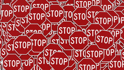 Large alligned pile of octagonal stop signs  in red and white. This image is a 3d illustration.