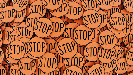 Ordered pile of orange stop signs. This image is a 3d illustration.