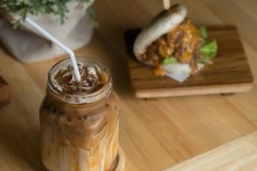 Caramel ice coffee in the coffee shop.