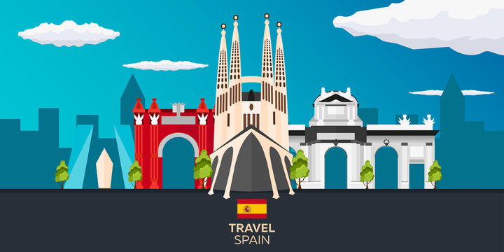 Travel to Spain skyline. Sagrada Familia. Vector flat illustration.