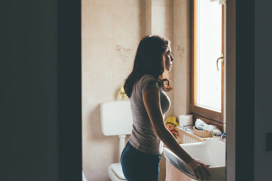 Woman Young Beautiful Eastern Indoor In Bathroom Preparing - Morning, Make Up Concept