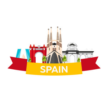 Travel to Spain skyline. Sagrada Familia. Vector flat illustration.