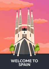 Travel Poster to Spain skyline. Sagrada Familia. Vector flat illustration.