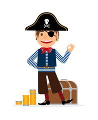 Pirate cartoon character with golden coins and treasure chest. Vector icon on white background