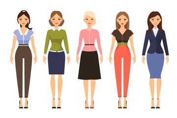 Obraz premium Woman dresscode vector illustration. Beautiful women in different outfits icons on white background