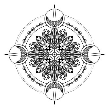 Bohemian compass. Compass in a vintage boho and tribal style. Vector illustration. Good for flash tattoo and for hippie ant tribal design projects