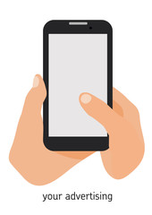 Hands holding a phone on white background. Flat style illustration. Template for your advertising.