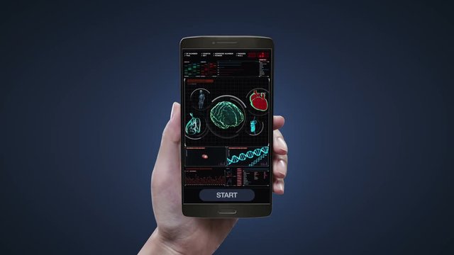 Touching health care diagnosis application on mobile, smart phone, Scanning brain, heart, lungs, internal organs in digital display dashboard. X-ray view.