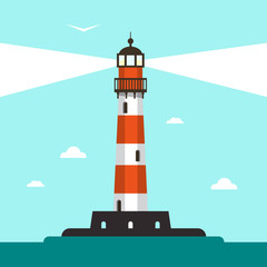 Flat Design Lighthouse Illustration with Sea and Blue Sky