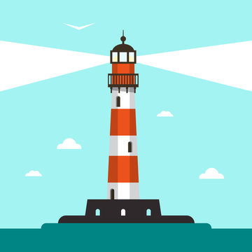 Flat Design Lighthouse Illustration with Sea and Blue Sky