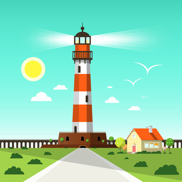 Lighthouse Tower Vector Illustration with Seagulls on Blue Sky, House and Sun
