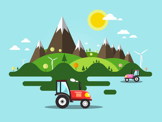 Flat Design Vector Landscape with Tractor on Field, Mountains and Hills. Ecology Farm. Nature Scene.