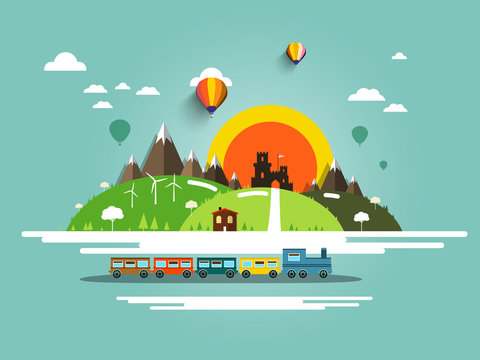Flat Design Landscape with Steam Train, Old Castle and Hot Air Balloons