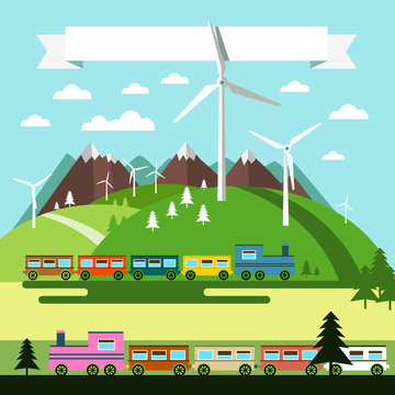 Flat Design Landscape with Trains and Wind Mills