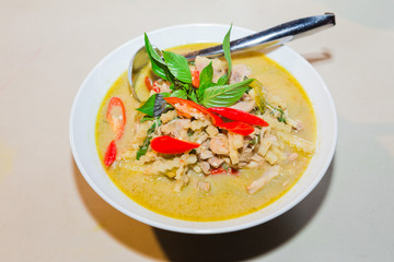 Thai chicken green curry, creamy soup, with eggplant