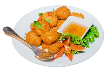 Thai Food Fried Shrimp Cake (Tod Mun Kung) on white plate
