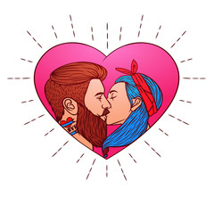 Colorful vector illustration for Saint Valentine's card. A man kissing a woman. Two young people are kissing on the heart background of pink color. Invitation on the wedding in hipster style