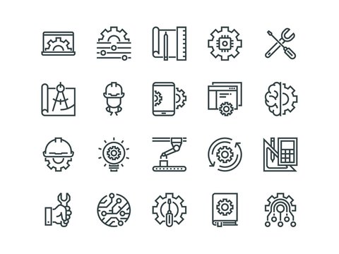 Engineering. Set of outline vector icons. Contains such as Manufacturing, Engineer, Tool, Production, Settings and more