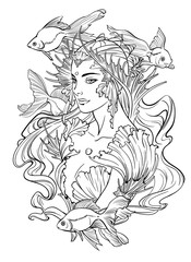 Illustration of mermaid princess with curled hair, decorated with seashell elements, and goldfishes. Black and white, anti-stress. Adult coloring books.