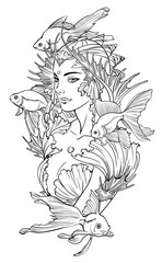 Illustration of mermaid princess with goldfishes and seashell elements. Black and white, anti-stress. Adult coloring books.