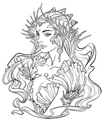 Illustration of mermaid princess with curled hair, decorated with seashell elements. Black and white, anti-stress. Adult coloring books.