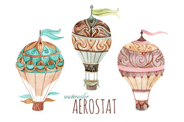 Aerostat set. Watercolor hot air balloon set.