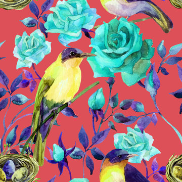 Watercolor birds on the blue roses