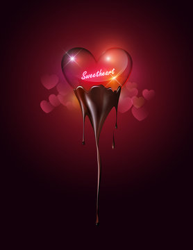 Heart transparent glass dipping melted chocolate on heart bokeh background with sweetheart concept for Valentine's day, vector background