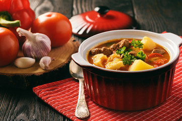 Hungarian soup goulash (bograch) with dumplings.