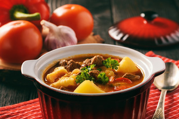 Hungarian soup goulash (bograch) with dumplings.