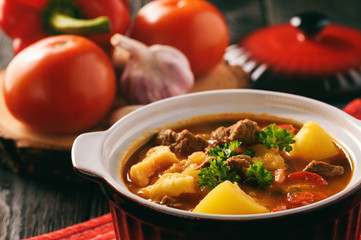 Hungarian soup goulash (bograch) with dumplings.