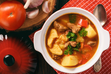 Hungarian soup goulash (bograch) with dumplings.