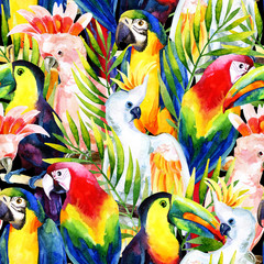 Obrazy na Szkle  papugi akwarela bezszwowe wzór