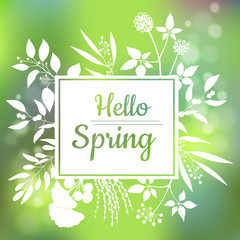 Hello Spring green card design with a textured abstract background and text in square floral frame - 132684404