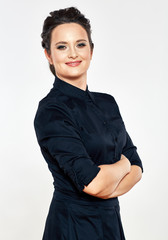 Young business woman  in black dress.