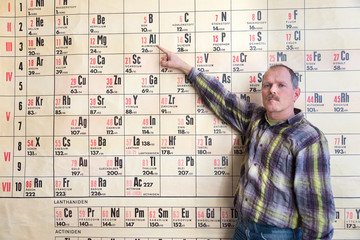 Chemistry teacher pointing at periodic table