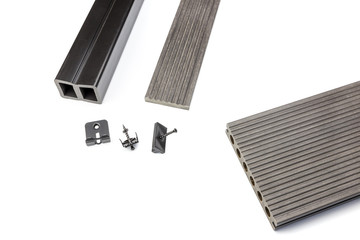 Grey composite decking board with fastening material