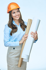 Smiling architect business woman with blueprints isolated portra