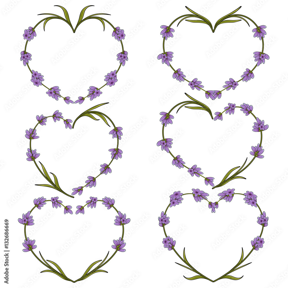Aufkleber set of vector heart of flowers of lavender. isolated objects on white.