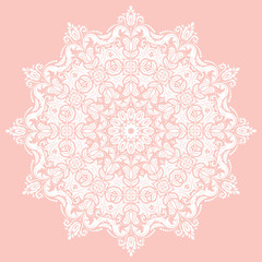 Oriental round pattern with arabesques and floral elements. Traditional classic ornament. Pink and white pattern
