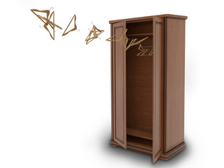 wood big open cupboard with flying hangers; 3d illustration