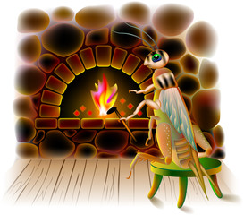 Fototapeta na wymiar Illustration of cute cricket sitting in winter near burning fireplace. Vector cartoon image. 