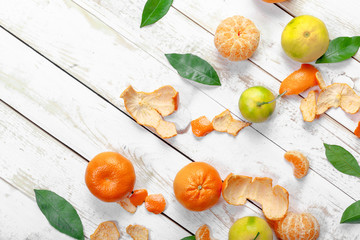 fresh mandarines on wooden table
