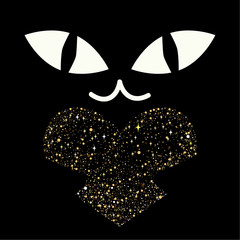 Cover design.Black cat with big eyes is holding the shiny heart.