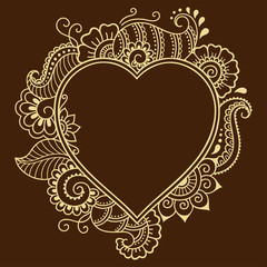 Decorative doodle heart in mhendi style. Floral frame in the shape of a heart. Element for design for Valentine's Day.
