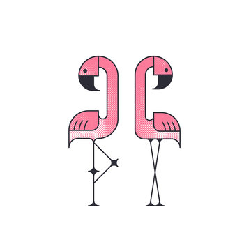 Two geometrical flat vector flamingo birds.