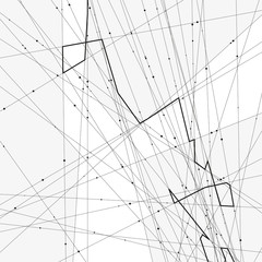 Monochrome minimalistic vector illustration. Modern schematic background with crossing lines and random dots. Element of design.