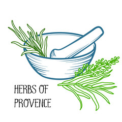 Mortar and pestle. Linear logo illustration. Cooking utensils. To prepare the seasoning. Herbs of Provence. Rosemary and lavender.