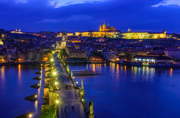 View of Charles Bridge, Prague Castle and Vltava river in Prague. Czech Republic